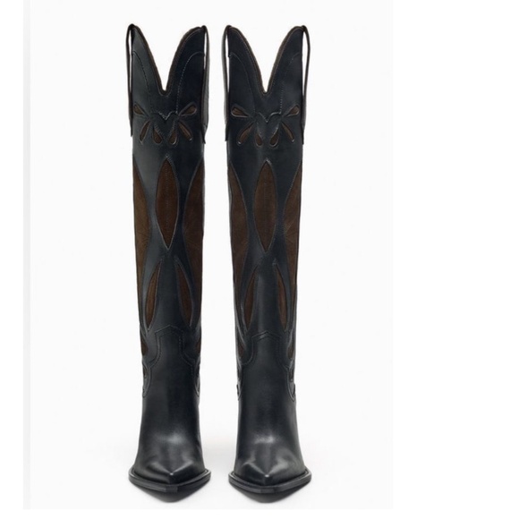 ZARA - KNEE HIGH MIXED SUEDE COWBOY BOOTS - SIZE 8 (US) - NEW - Picture 5 of 15